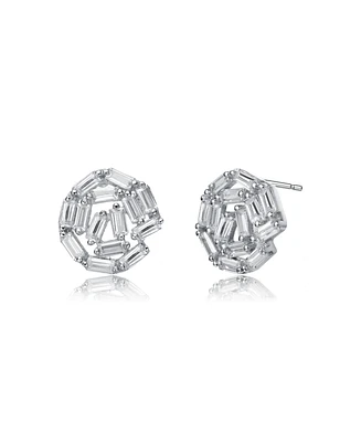 Sterling Silver with White Gold Plated Baguette Cubic Zirconia Bundle Stud Earrings
