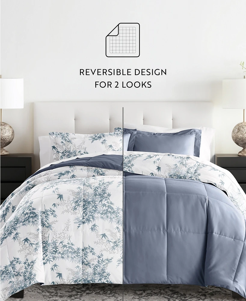 ienjoy Home Bamboo Leaves Blue 3-Piece Comforter Set, Full/Queen