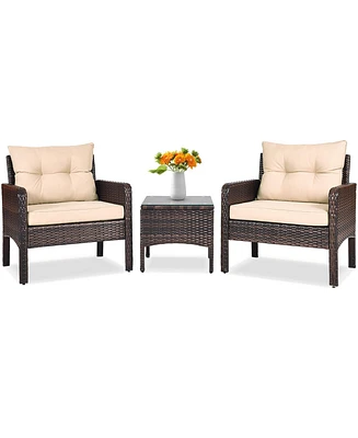 Sugift 3 Pieces Outdoor Patio Rattan Conversation Set with Seat Cushions