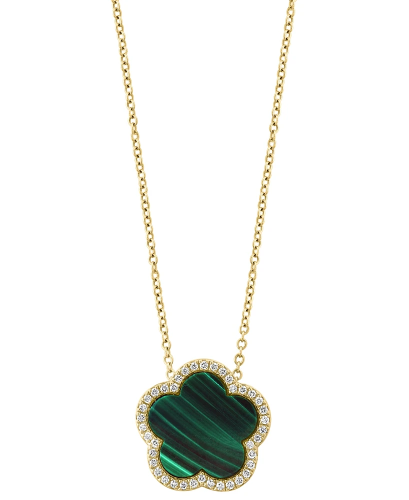 Effy Malachite & Diamond (1/6 ct. t.w.) Flower Halo 18" Pendant Necklace 14k Gold (Also Onyx)