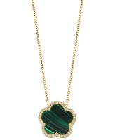 Effy Malachite & Diamond (1/6 ct. t.w.) Flower Halo 18" Pendant Necklace 14k Gold (Also Onyx)