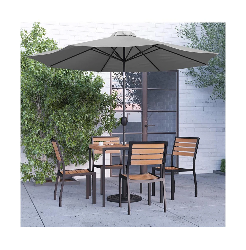 Forrest Seven Piece Faux Teak Patio Dining Set - Table, 4 Armless Stacking Club Chairs And 9' Umbrella & Base