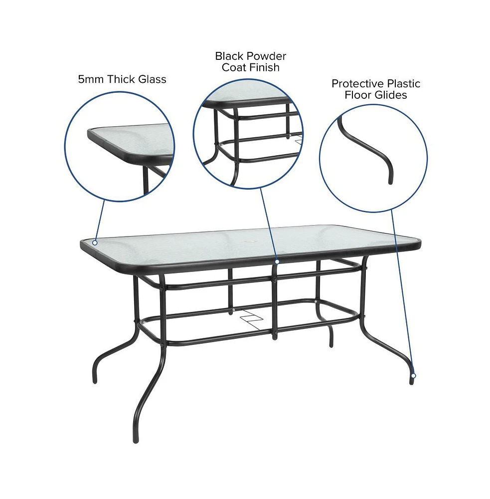 Patio Table & Chairs Set With Rectangular Metal Table With Tempered Glass Top And Stacking Chairs