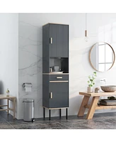 Free-Standing Bathroom Cabinet Narrow Linen with Doors and Drawer