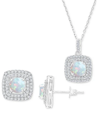 2-Pc. Set Lab-Grown Opal (1-1/5 ct. t.w.) & Lab-Grown White Sapphire (7/8 ct. t.w.) Square Halo Pendant Necklace & Matching Stud Earrings in Sterling
