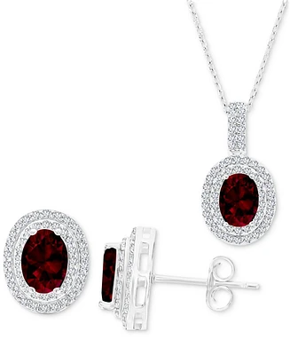 2-Pc. Set Garnet (3-1/2 ct. t.w.) & Lab-Grown White Sapphire (1-1/10 ct. t.w.) Oval Halo Pendant Necklace & Matching Stud Earrings in Sterling Silver