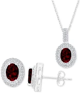 2-Pc. Set Garnet (3-1/2 ct. t.w.) & Lab-Grown White Sapphire (1-1/10 ct. t.w.) Oval Halo Pendant Necklace & Matching Stud Earrings in Sterling Silver