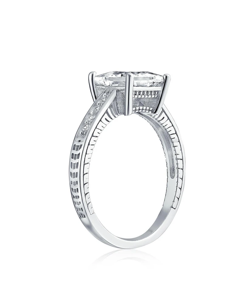 Bling Jewelry Classic Cubic Zirconia 3CT Square Cz Princess Cut Solitaire Promise Ring Sterling Silver Milgrain Pave Band