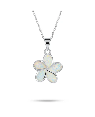 Bling Jewelry White Synthetic Opal Hawaiian Flower Plumeria Necklace Pendant Sterling Silver