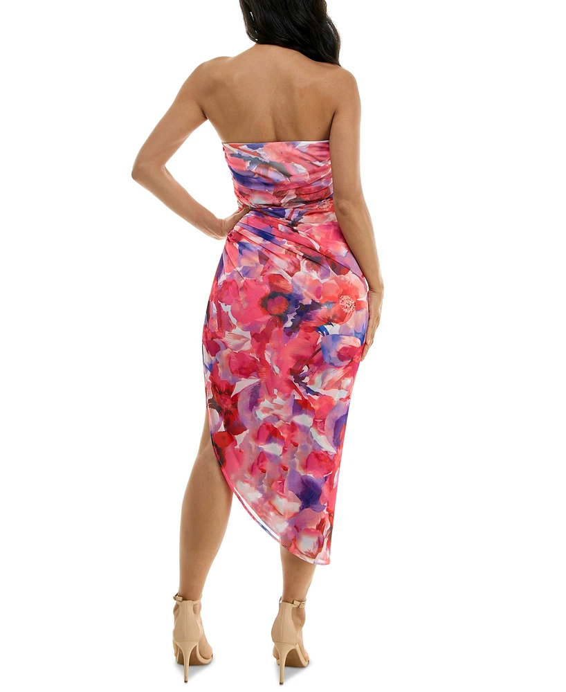 Emerald Sundae Juniors' Strapless Ruched Mesh Bodycon Midi Dress