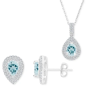 2-Pc. Set Aquamarine (2-1/4 ct. t.w.) & Lab-Grown White Sapphire (1 ct. t.w.) Teardrop Halo Pendant Necklace & Matching Stud Earrings in Sterling Silv