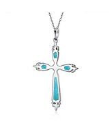 Bling Jewelry Western Style Spiritual Religious Blue Natural Turquoise Fleur De Lis Cross Pendant Necklace Oxidized Sterling Silver
