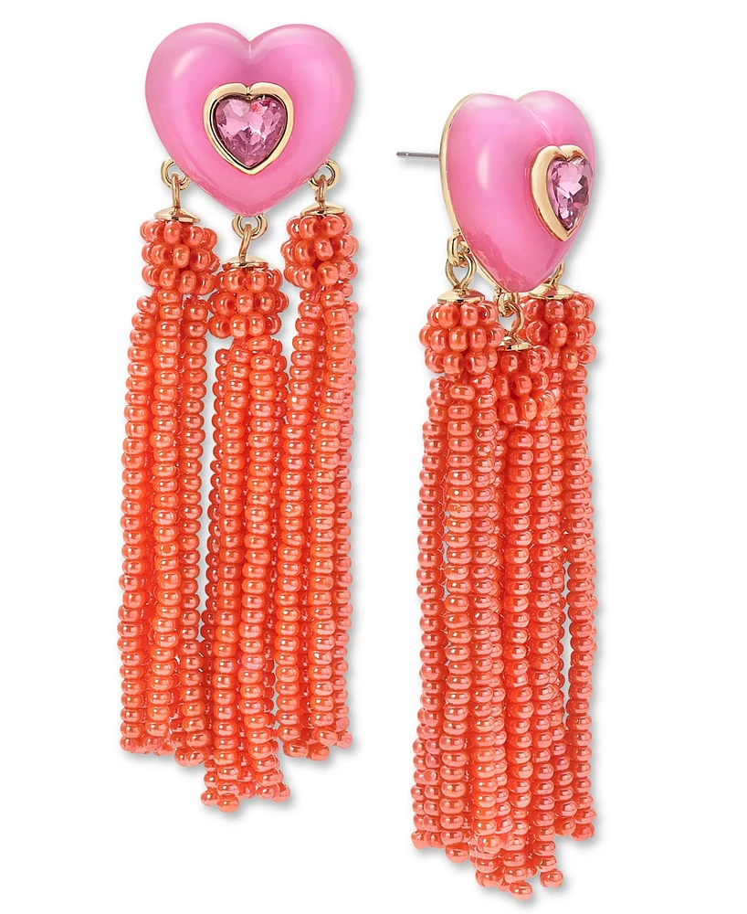 On 34th Gold-Tone Crystal Heart & Beaded Fringe Drop Earrings, Created for Macy's