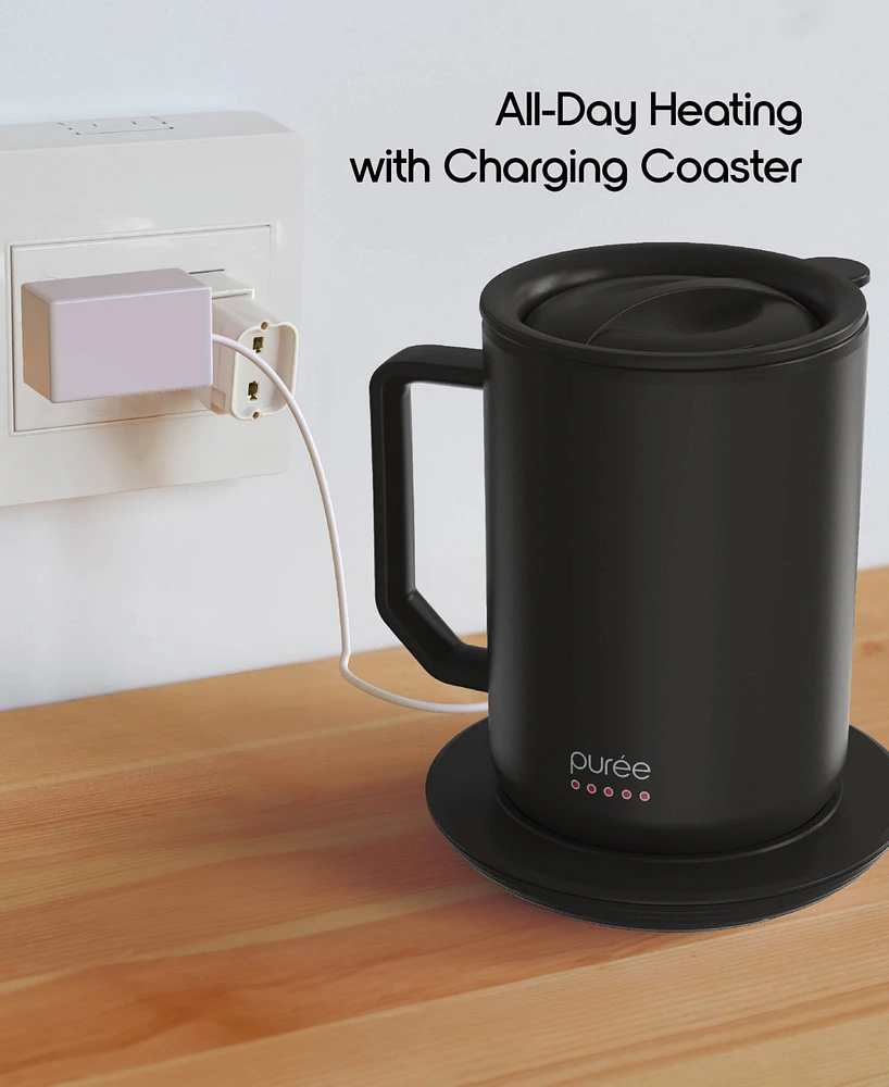 Tzumi Puree Warming Coffee Mug, 12 oz. Stainless Steel Mug with Warmer Coaster and Lid