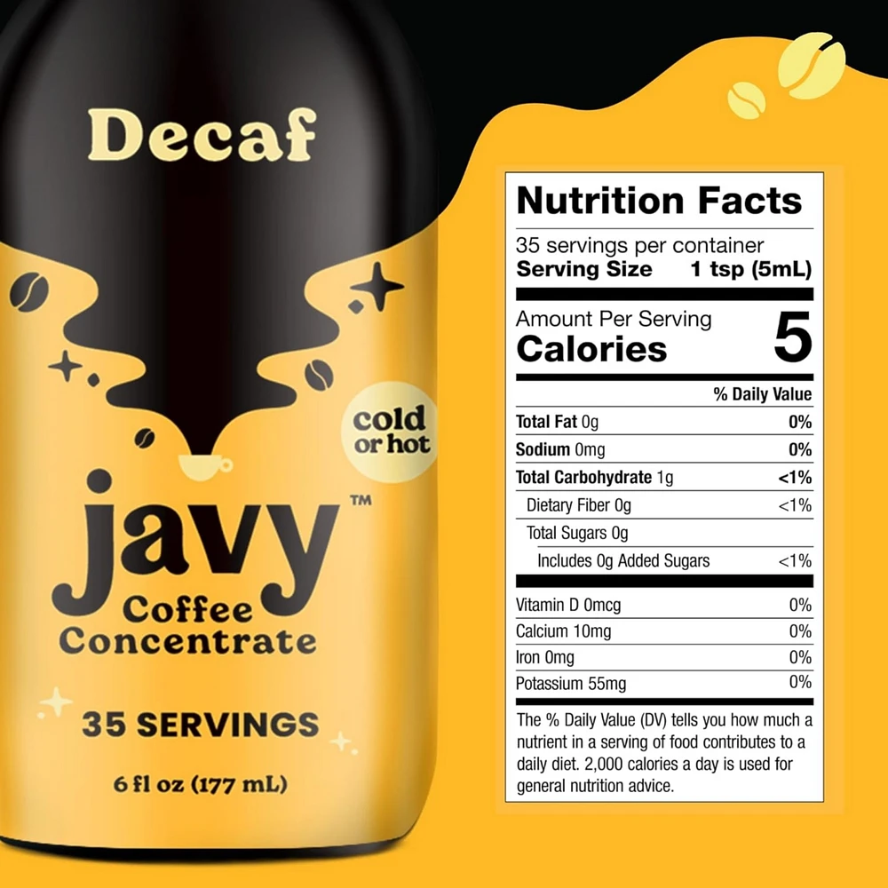 Javy Coffee Javy Cold Brew Coffee Concentrate, Iced & Cold Brew Coffee, Hot Coffee Beverage, 100% Med.Roast Arabica, Unsweetened & Sugar-Free (Decaf)