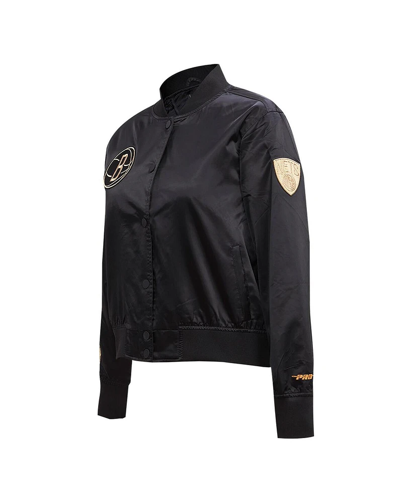 Women's Pro Standard Black Brooklyn Nets Glam Satin Full-Snap Varsity Jacket