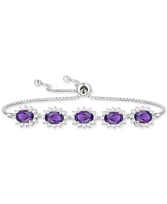 Amethyst (2 ct. t.w.) & Lab-Grown White Sapphire (3/4 Halo Five Stone Bolo Bracelet Sterling Silver (Also Morganite, Lab-Gro