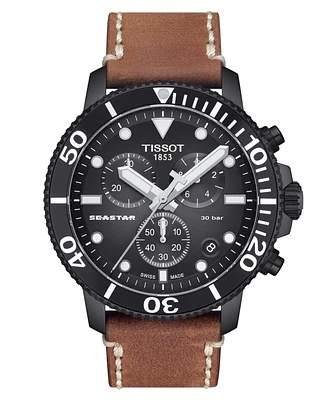 Tissot Men's Swiss Chronograph Seastar Brown Leather Strap Watch 46mm