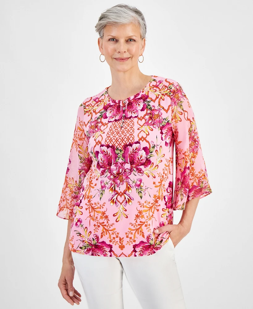 Jm Collection Women's Button-Trim Printed 3/4-Sleeve Top, Created for Macy's