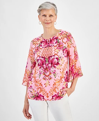 Jm Collection Women's Button-Trim Printed 3/4-Sleeve Top, Created for Macy's