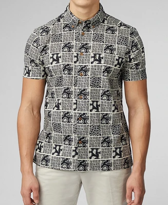 Ben Sherman Men's Checkerboard Paisley Print Short Sleeve Shirt
