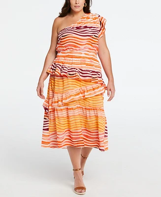 Ella Rafaella Plus Cotton One Shoulder Ruffle Midi Dress