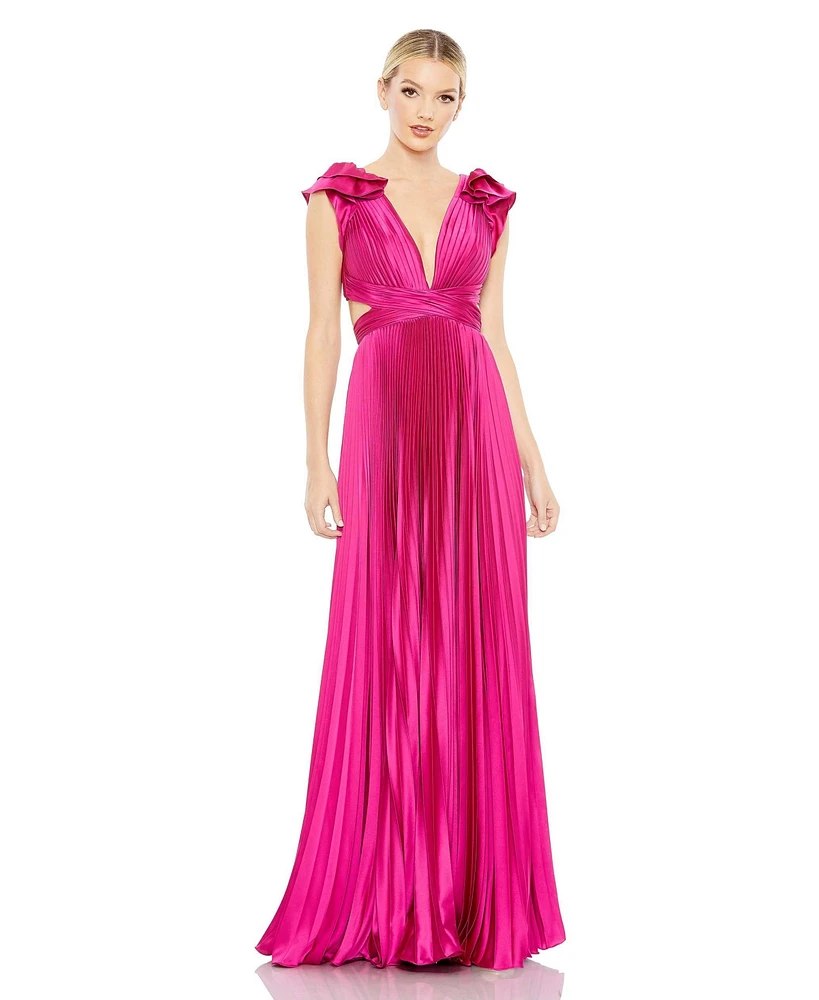 Mac Duggal Women's Ieena Pleated Ruffled Cap Sleeve Cut Out Lace Up Gown