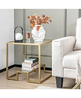 Slickblue 22 Inch 2-Tier Square Sofa Side Table with Tempered Glass Tabletop-Golden