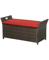 Outsunny 29 Gallon Outdoor Patio Wicker Storage Bench w/ Cushion