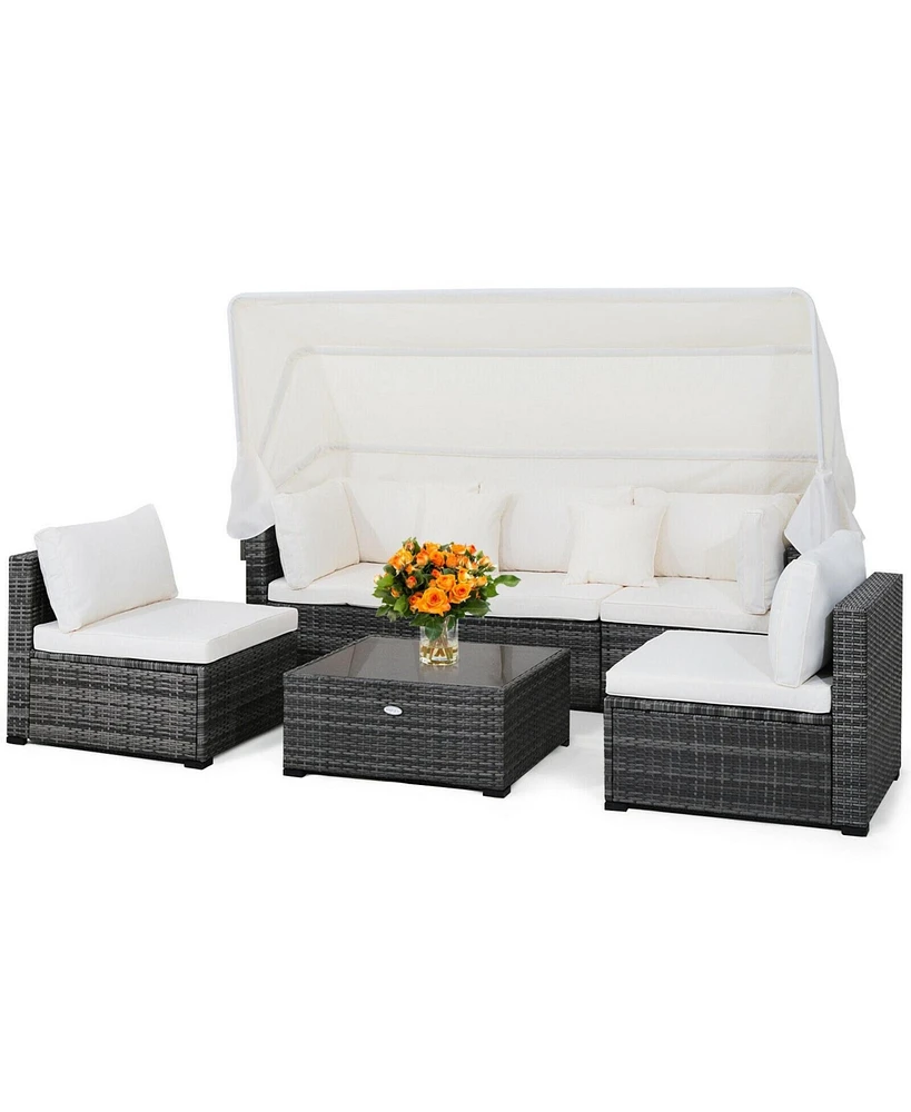 6 Pieces Patio Rattan Furniture Set with Retractable Canopy