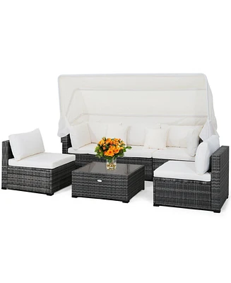 6 Pieces Patio Rattan Furniture Set with Retractable Canopy