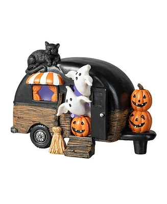 Glitzhome 9.25''L Halloween Polyresin Lighted Camper W/Ghost Pumpkin Black Cat Table Decor