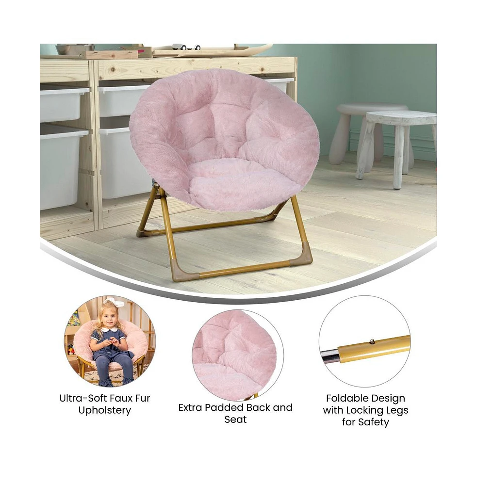 Io Kid'S Folding Saucer Chair With Cozy Faux Fur Upholstery And Metal Frame For Playroom, Bedrooms, Nursery More