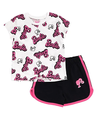 Barbie Little Girls French Terry T-Shirt and Active Retro Dolphin Shorts Outfit Set