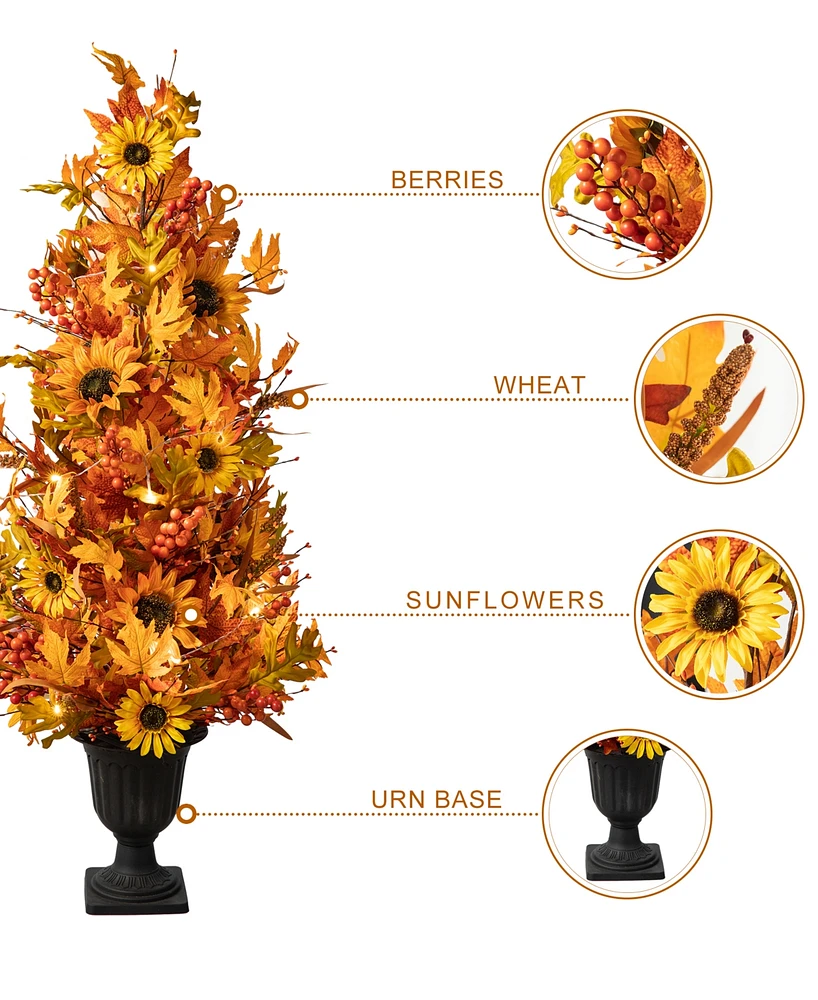 Glitzhome 48"H Fall Lighted Maple Leaf and Sunflower Urn Porch Tree with Timer