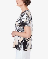 Alfred Dunner Women's Pleated Neck Bold Floral Short Sleeve Tee