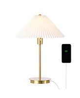 Jonathan Y Freida 21.25" Modern Glam Metal Column Led Table Lamp with Usb Charging Port and Pleated Shade, Brass Gold/White