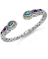 Devata Swiss Blue Topaz, Amethyst & Bali Ubud Cuff Bracelet Sterling Silver and 18K Gold