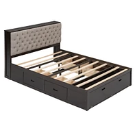 Wood Queen Size Platform Bed With Storage Headboard, Shoe Rack And 4 Drawers