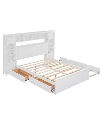 Queen Wooden Bed With All-In-One Cabinet, Shelf And Sockets