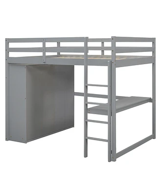 Wood Full Loft Bed With Built-In Wardrobe, Desk, Storage Shelves And Drawers