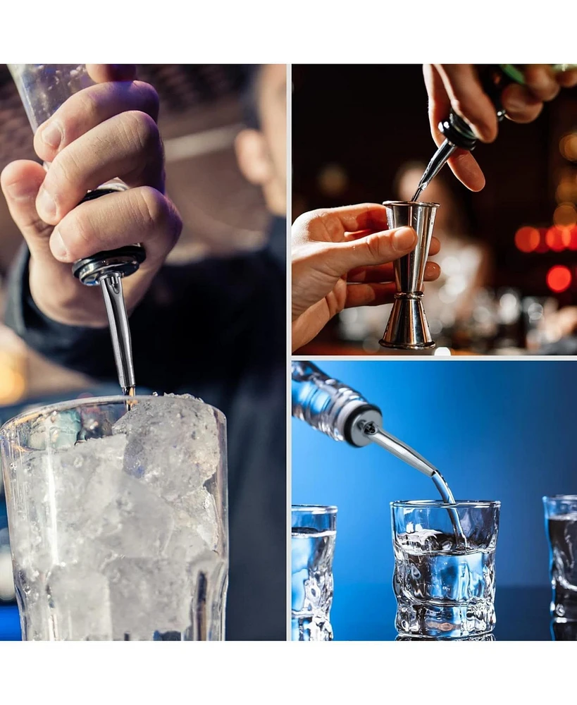 Stainless Steel Liquor Bottle Pourers with Rubber Dust Caps - 12 Pack