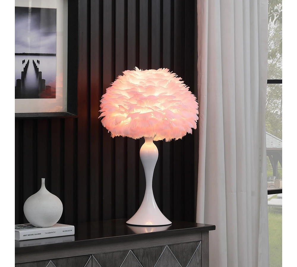 18.25"In Soft Pink Feather Aquina Crisp White Contour Glam Table Lamp
