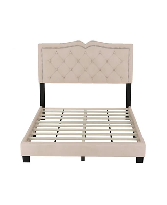 Full Upholstered Bed Frame With Rivet Design, Modern Velvet Platform Tufted Headboard