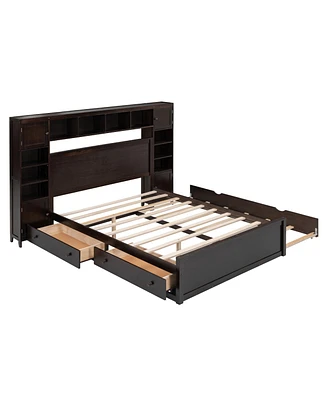 Queen Wooden Bed With All-In-One Cabinet, Shelf And Sockets