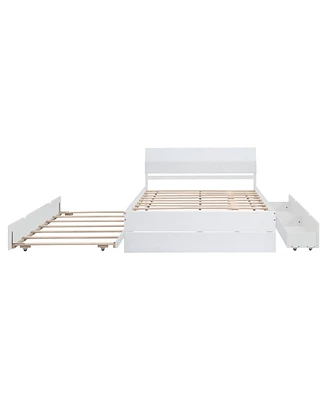 Modern Full Bed Frame with Twin Trundle, 2 Drawers - White Gloss & Washed White