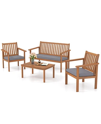 4 Pcs Patio Wood Furniture Set with Loveseat, 2 Chairs & Coffee Table for Porch