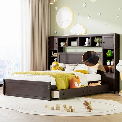 Queen Wooden Bed With All-In-One Cabinet, Shelf And Sockets