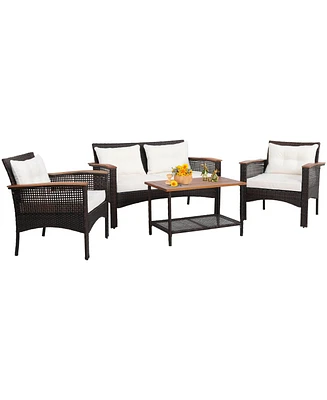 Gymax 4PCS Rattan Patio Furniture Set Acacia Wood Outdoor Conversation Set w/ Cushions