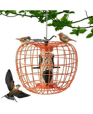 Squirrel-Proof Pumpkin Bird Feeder with Cage 4 Metal Ports 4 Perches Drainage Hole